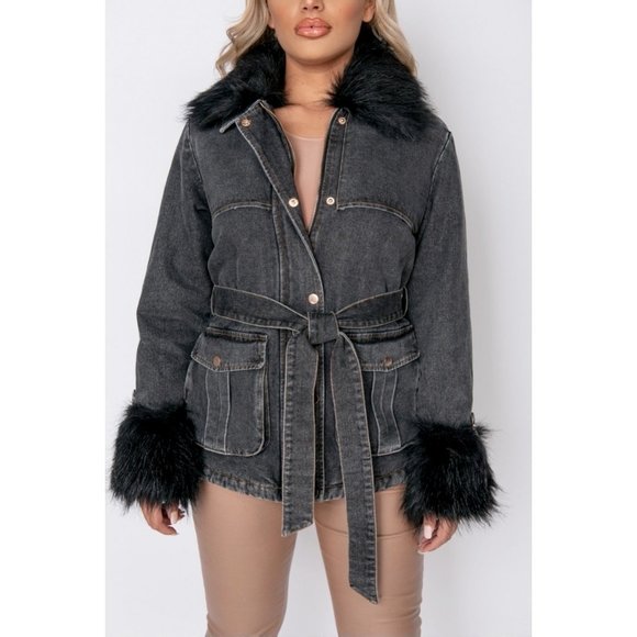 Shearling Lined Long Sleeve Denim Jeans Jacket with Detachable Fur Collar & Cuff - Picture 11 of 13